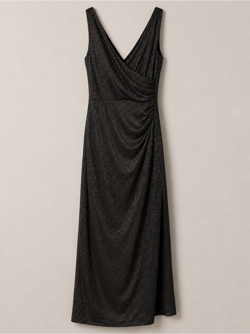Lauren Ralph Lauren Black Shimmer Faux-Wrap Maxi Dress with Side Slit 6 ruched - Picture 3 of 11
